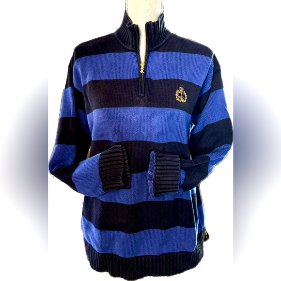 RALPH LAUREN 1/3 Zip Front high neck sweater. Blue & Black/navy? Preppy! Great L - Picture 1 of 6